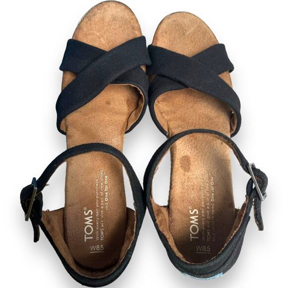 TOMS Black Canvas Open Toe Ankle Strap Wedge Heel Espadrille Sandals Size 8.5 - Picture 6 of 9